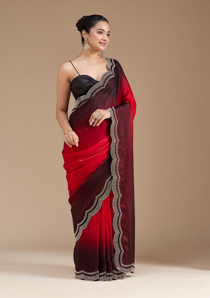Red Tissue Gold Stonework Saree With Matching Blouse Piece