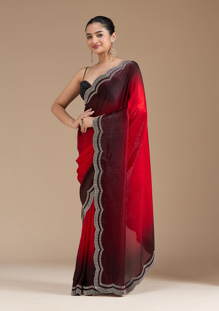 Red Tissue Gold Stonework Saree With Matching Blouse Piece