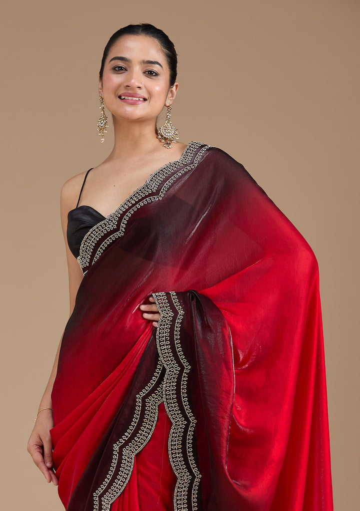 Red Tissue Gold Stonework Saree With Matching Blouse Piece