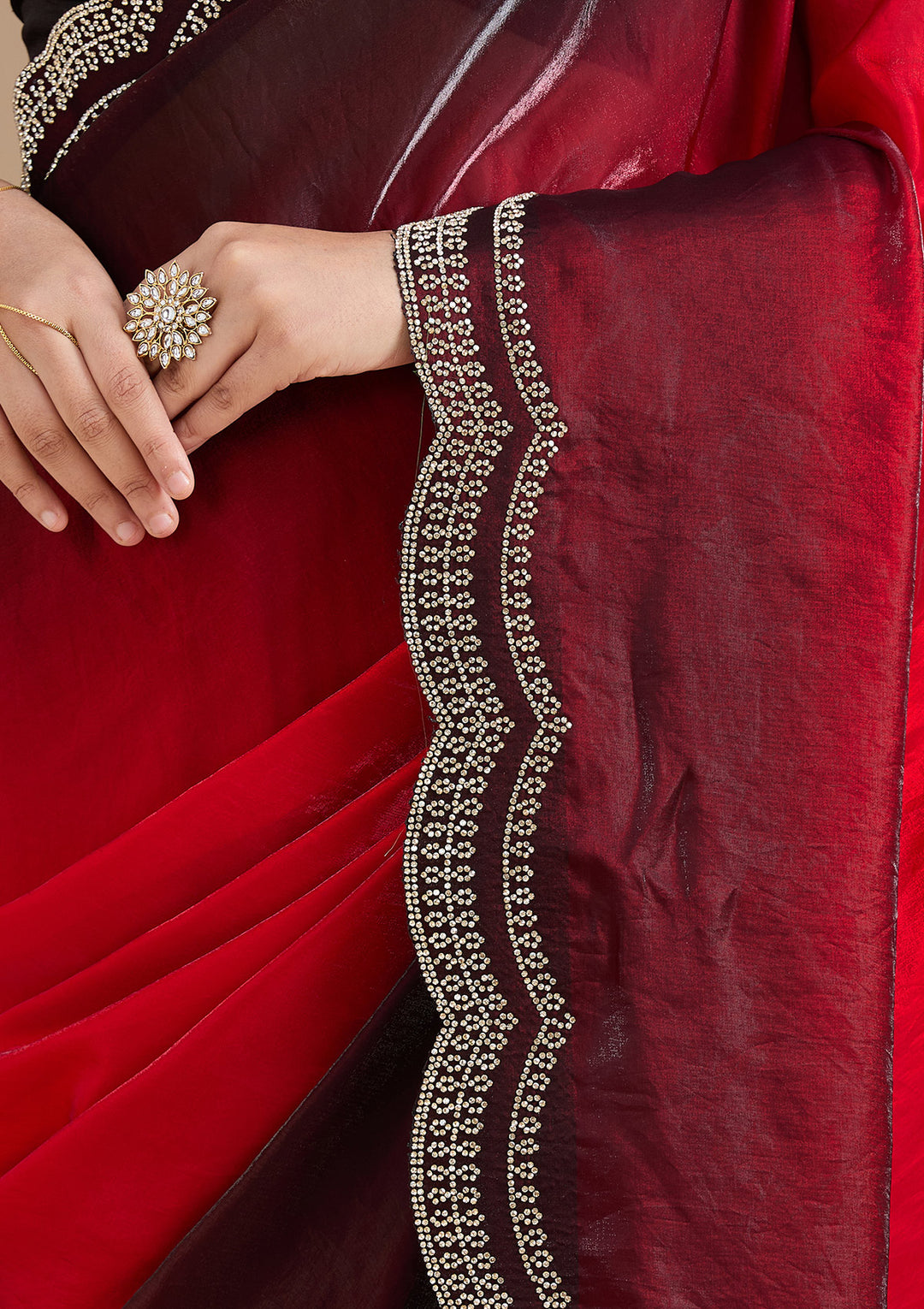 Red Tissue Gold Stonework Saree With Matching Blouse Piece