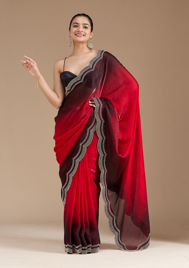 Red Tissue Gold Stonework Saree With Matching Blouse Piece