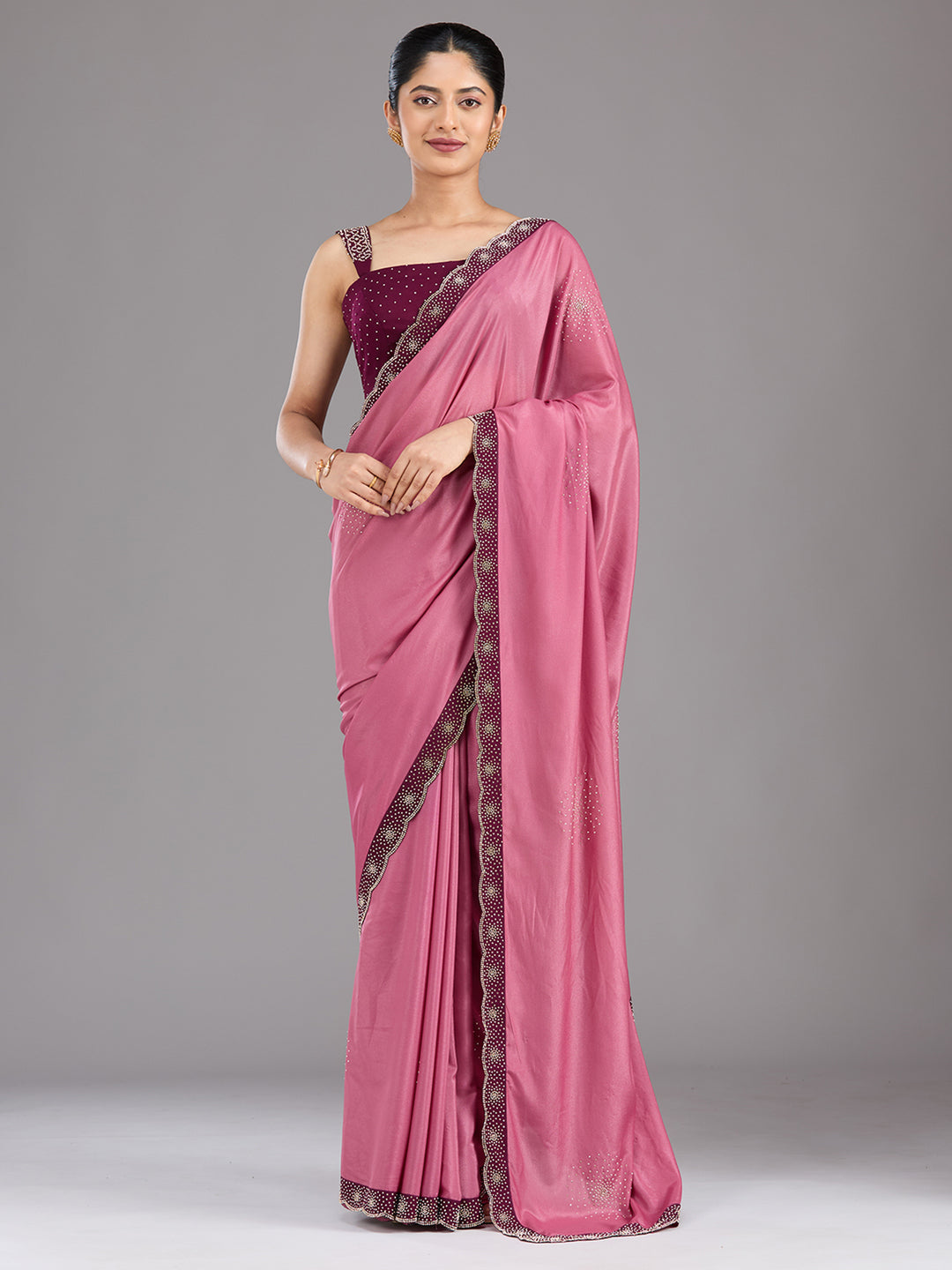 Onion Pink Satin Gold Stonework Saree With Matching Blouse Piece