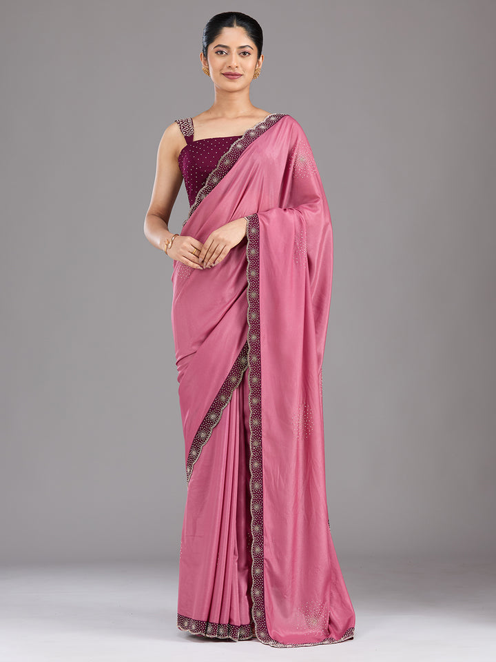 Onion Pink Satin Gold Stonework Saree With Matching Blouse Piece