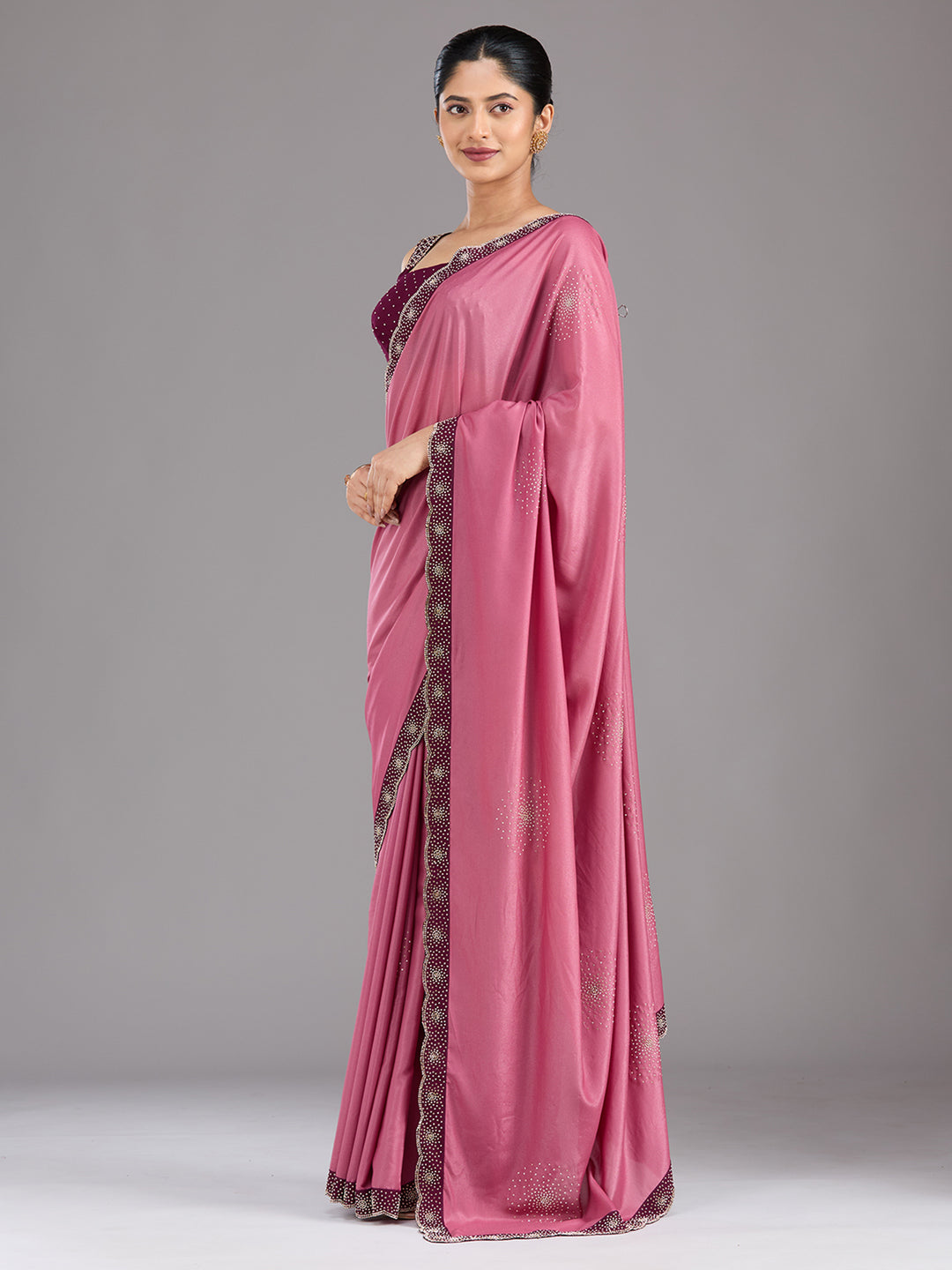 Onion Pink Satin Gold Stonework Saree With Matching Blouse Piece