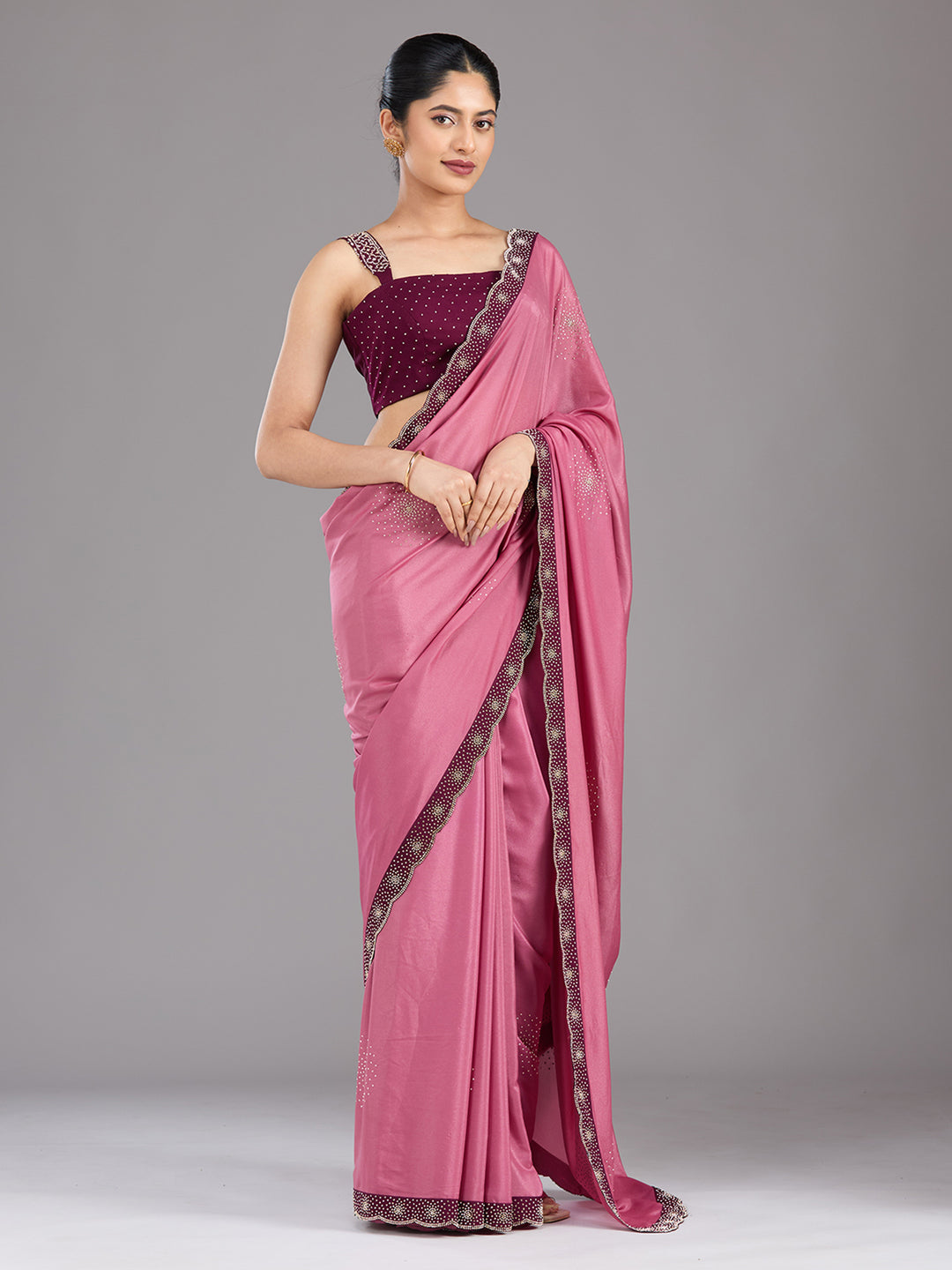 Onion Pink Satin Gold Stonework Saree With Matching Blouse Piece