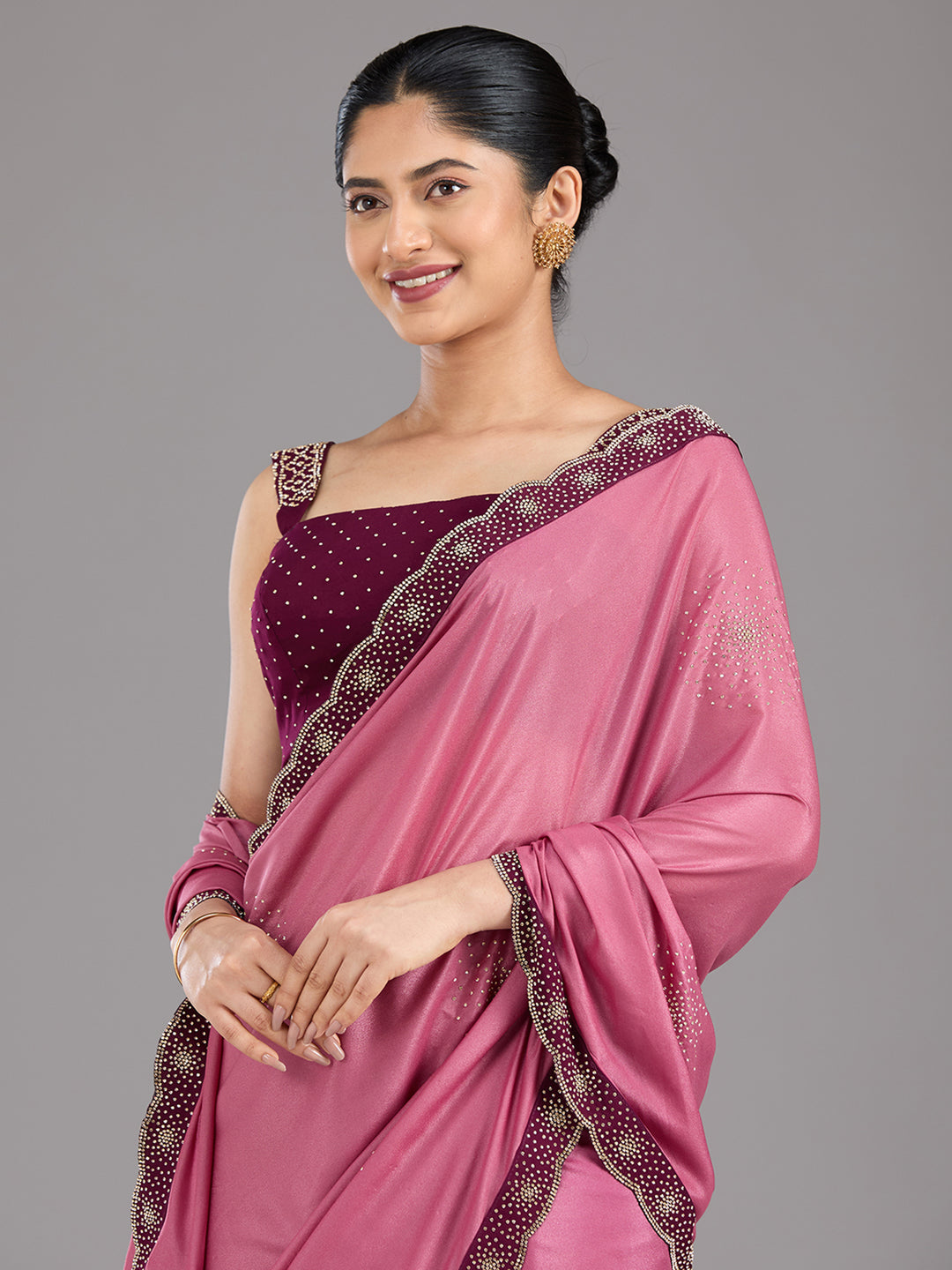 Onion Pink Satin Gold Stonework Saree With Matching Blouse Piece