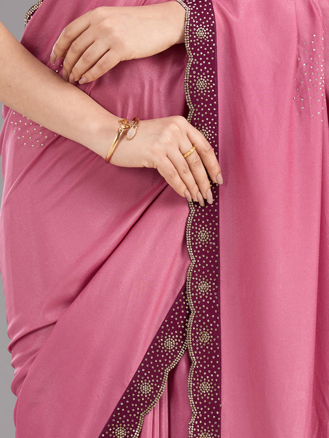 Onion Pink Satin Gold Stonework Saree With Matching Blouse Piece