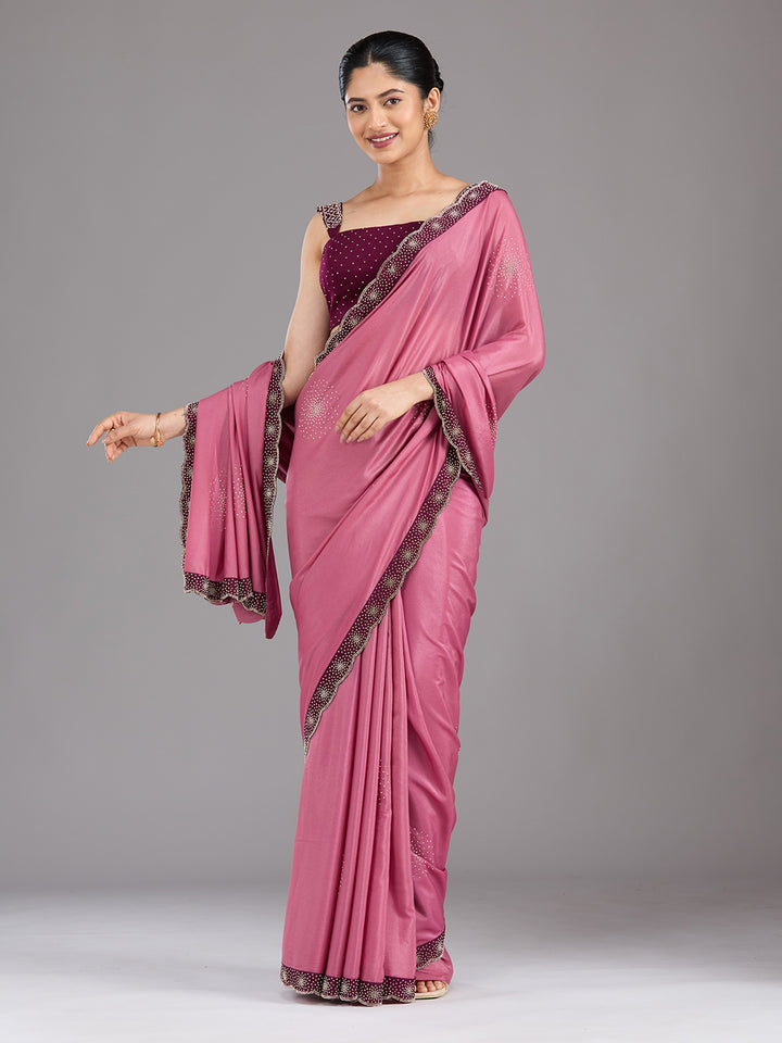 Onion Pink Satin Gold Stonework Saree With Matching Blouse Piece