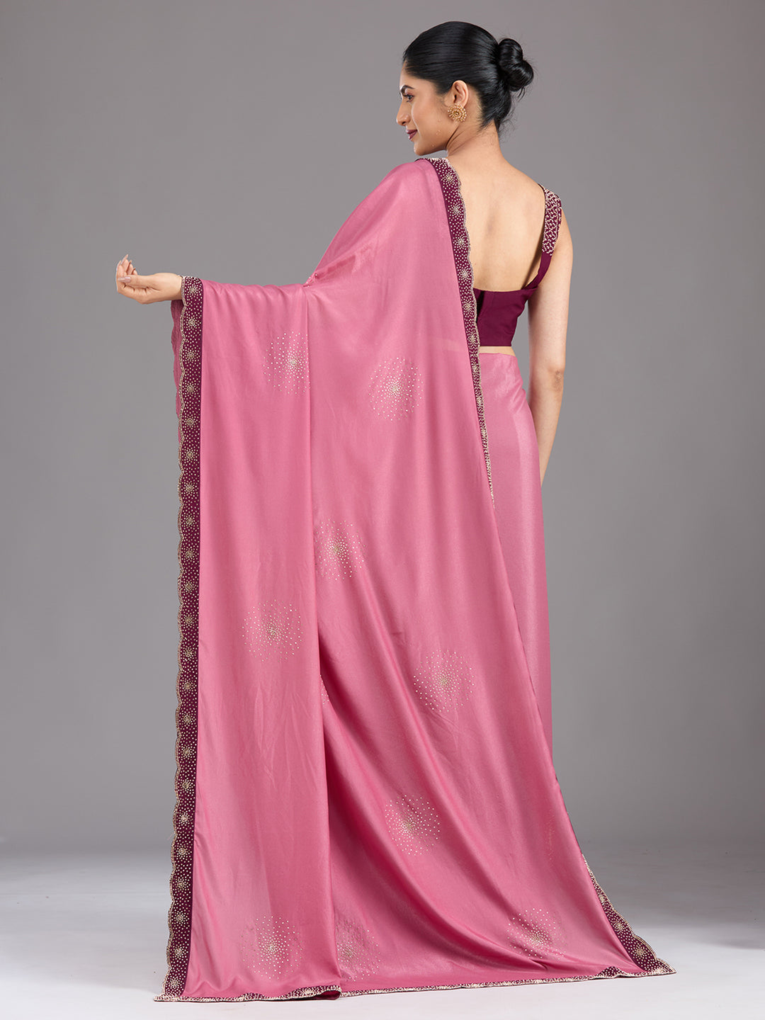 Onion Pink Satin Gold Stonework Saree With Matching Blouse Piece
