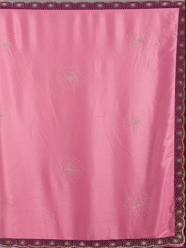 Onion Pink Satin Gold Stonework Saree With Matching Blouse Piece