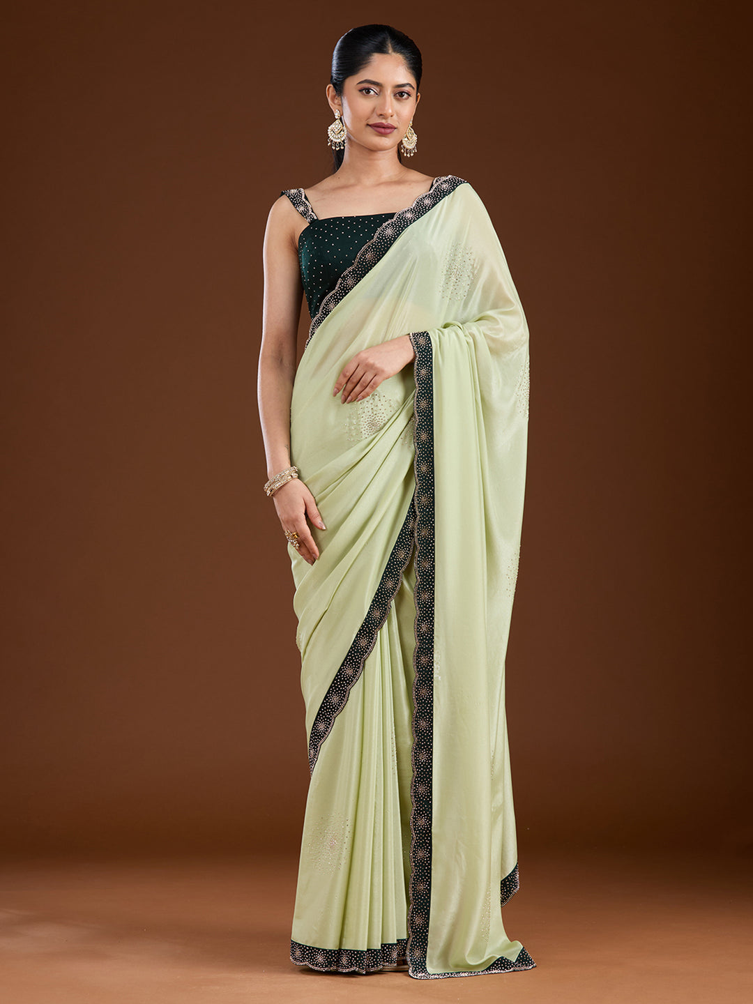 Pista Green Stonework (Silver) Velvet Saree