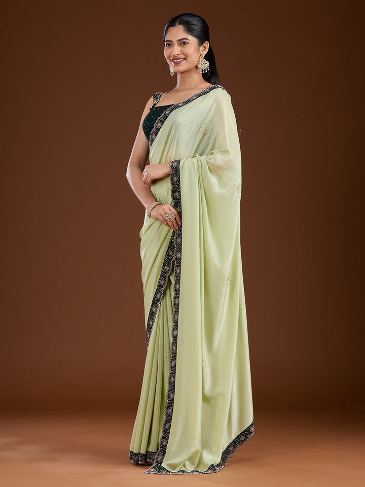Pista Green Stonework (Silver) Velvet Saree