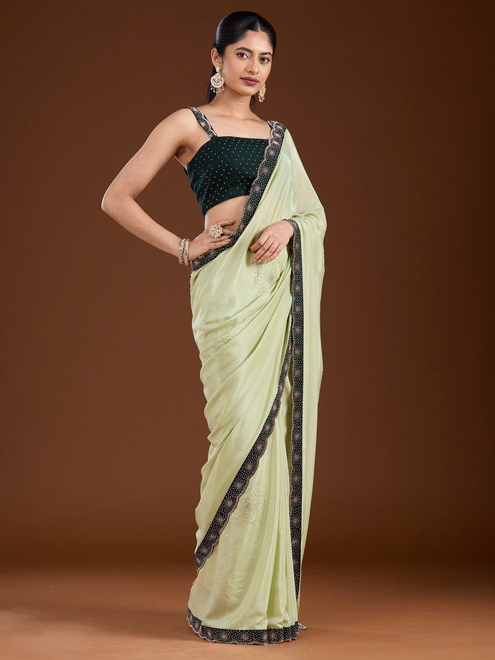 Pista Green Stonework (Silver) Velvet Saree