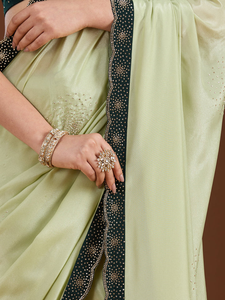 Pista Green Stonework (Silver) Velvet Saree