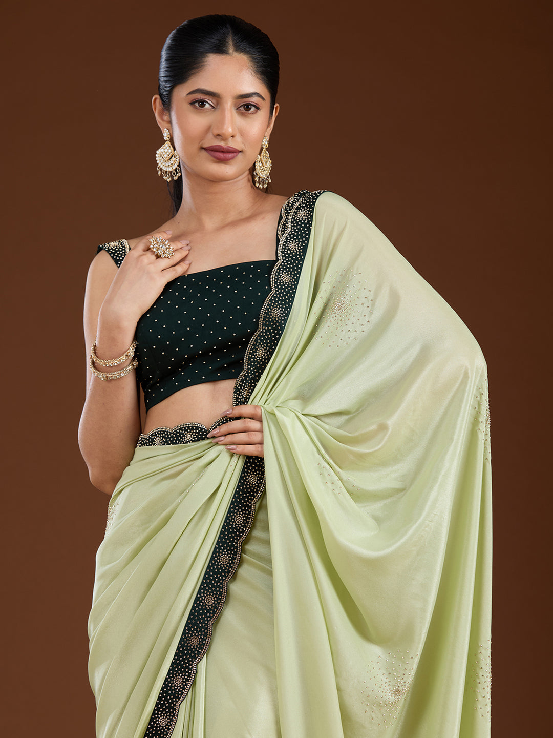 Pista Green Stonework (Silver) Velvet Saree