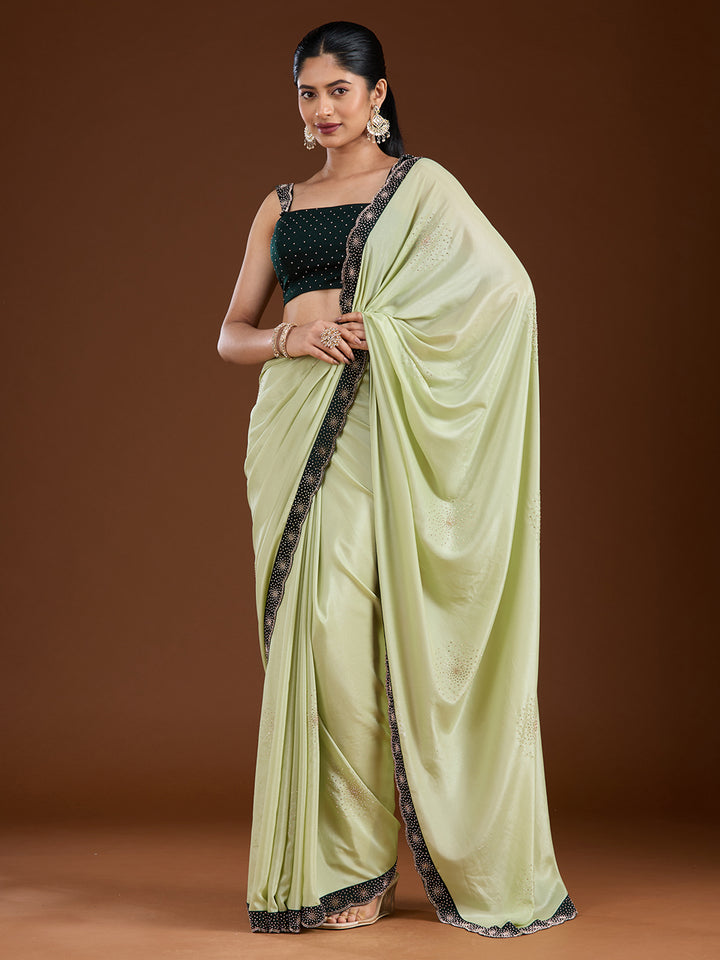 Pista Green Stonework (Silver) Velvet Saree