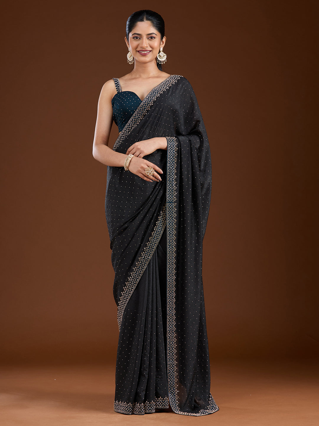 Black Velvet Gold Stonework Saree With Matching Blouse Piece