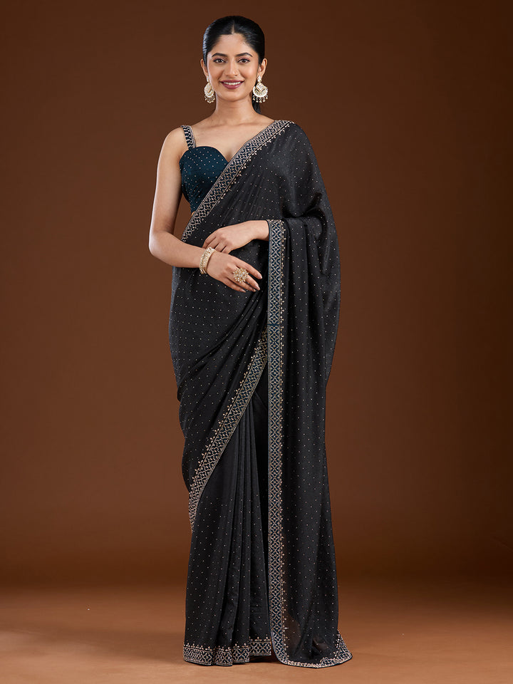 Black Velvet Gold Stonework Saree With Matching Blouse Piece