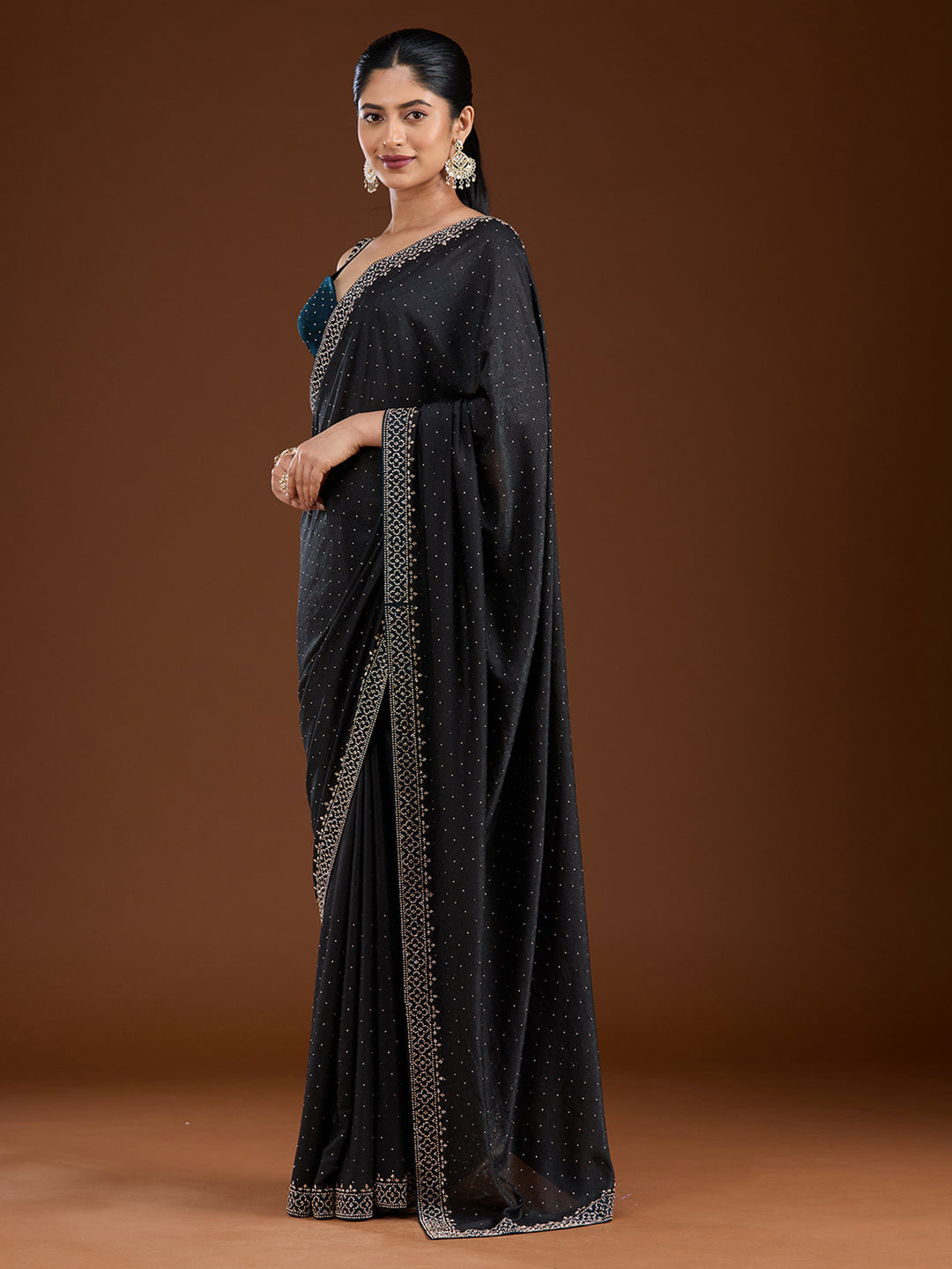 Black Velvet Gold Stonework Saree With Matching Blouse Piece