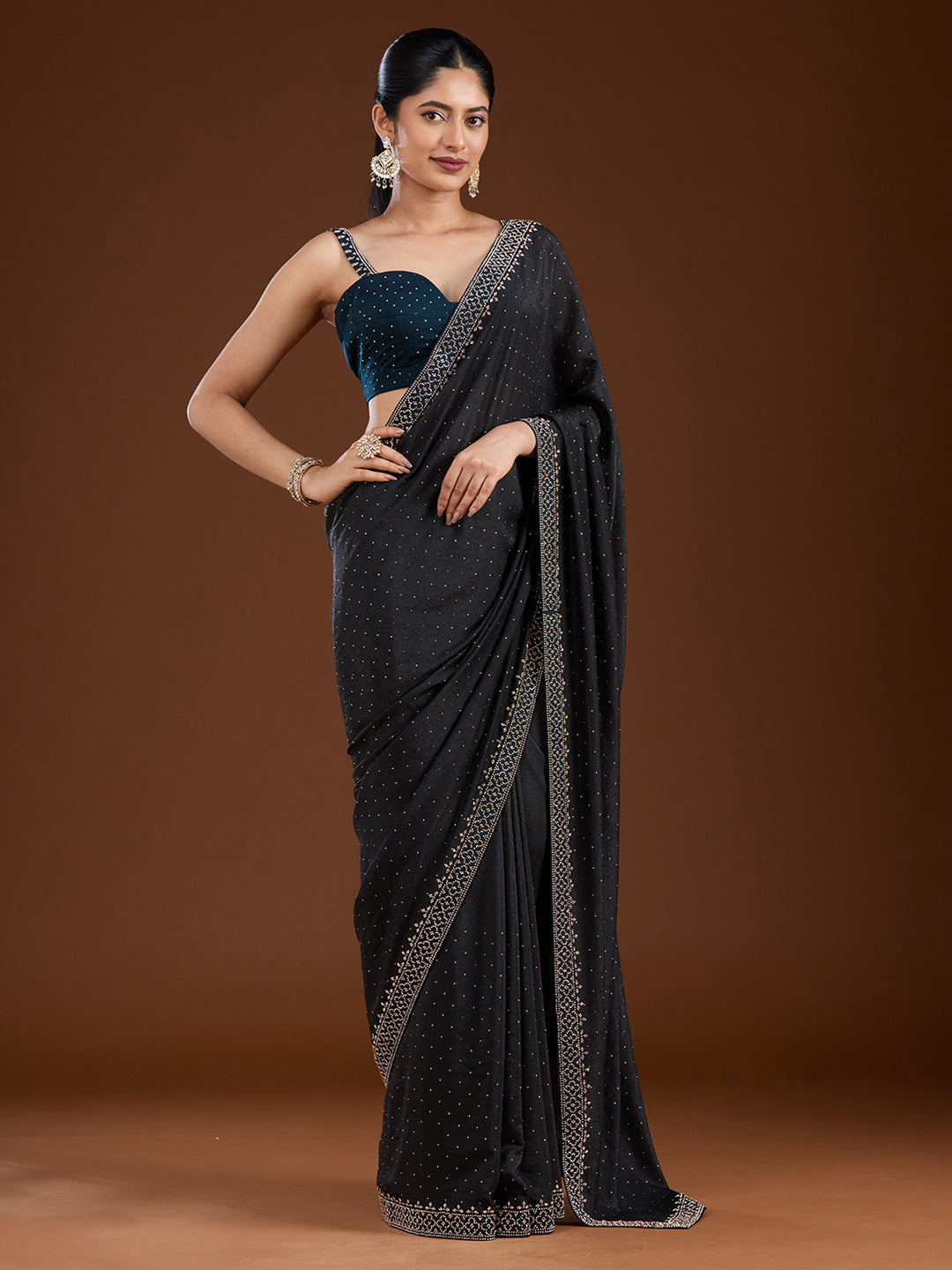 Black Velvet Gold Stonework Saree With Matching Blouse Piece