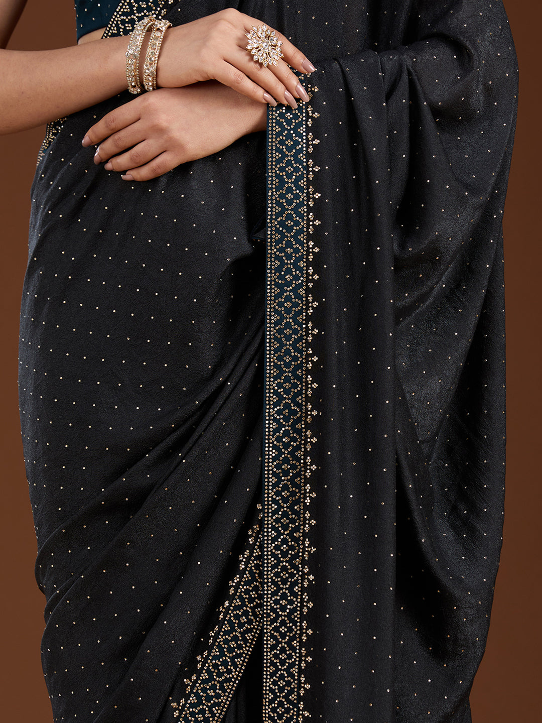 Black Velvet Gold Stonework Saree With Matching Blouse Piece