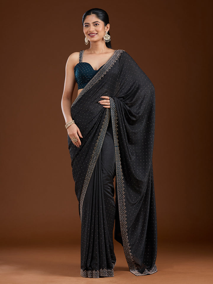 Black Velvet Gold Stonework Saree With Matching Blouse Piece