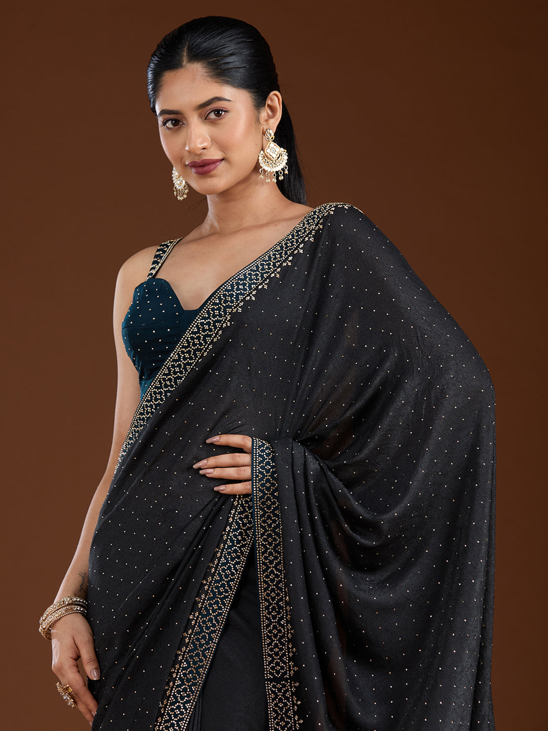 Black Velvet Gold Stonework Saree With Matching Blouse Piece