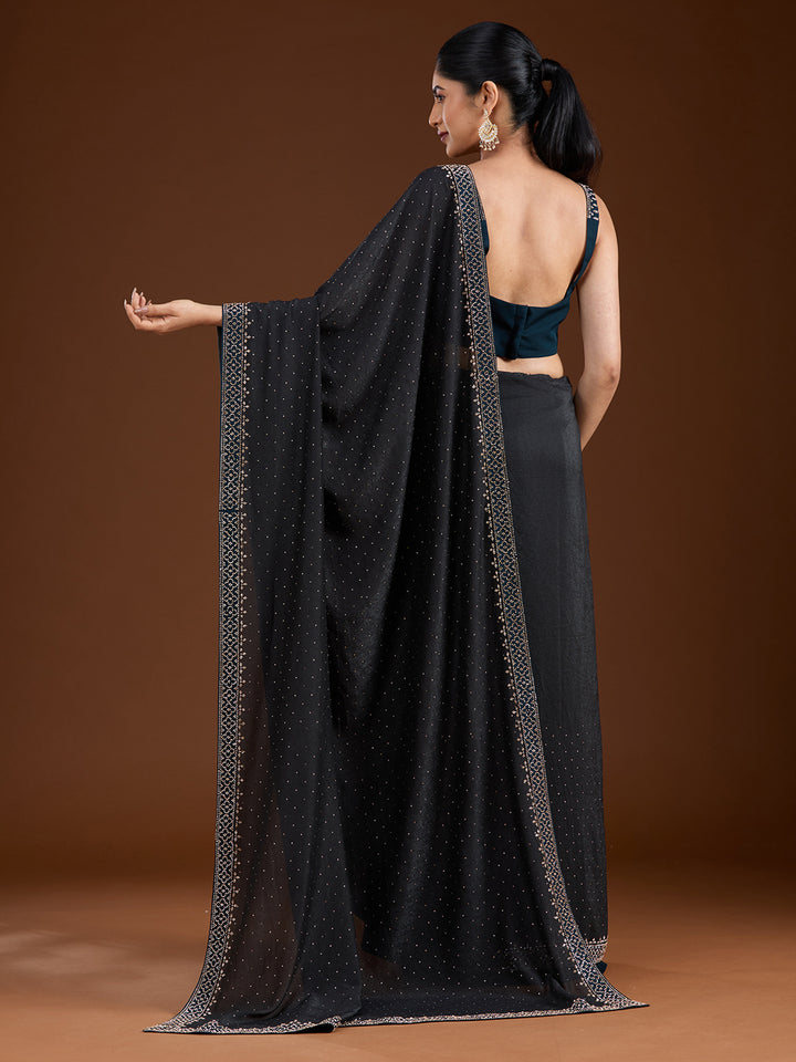 Black Velvet Gold Stonework Saree With Matching Blouse Piece
