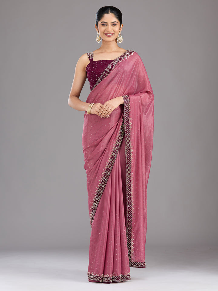 Onion Pink Velvet Gold Stonework Saree With Matching Blouse Piece