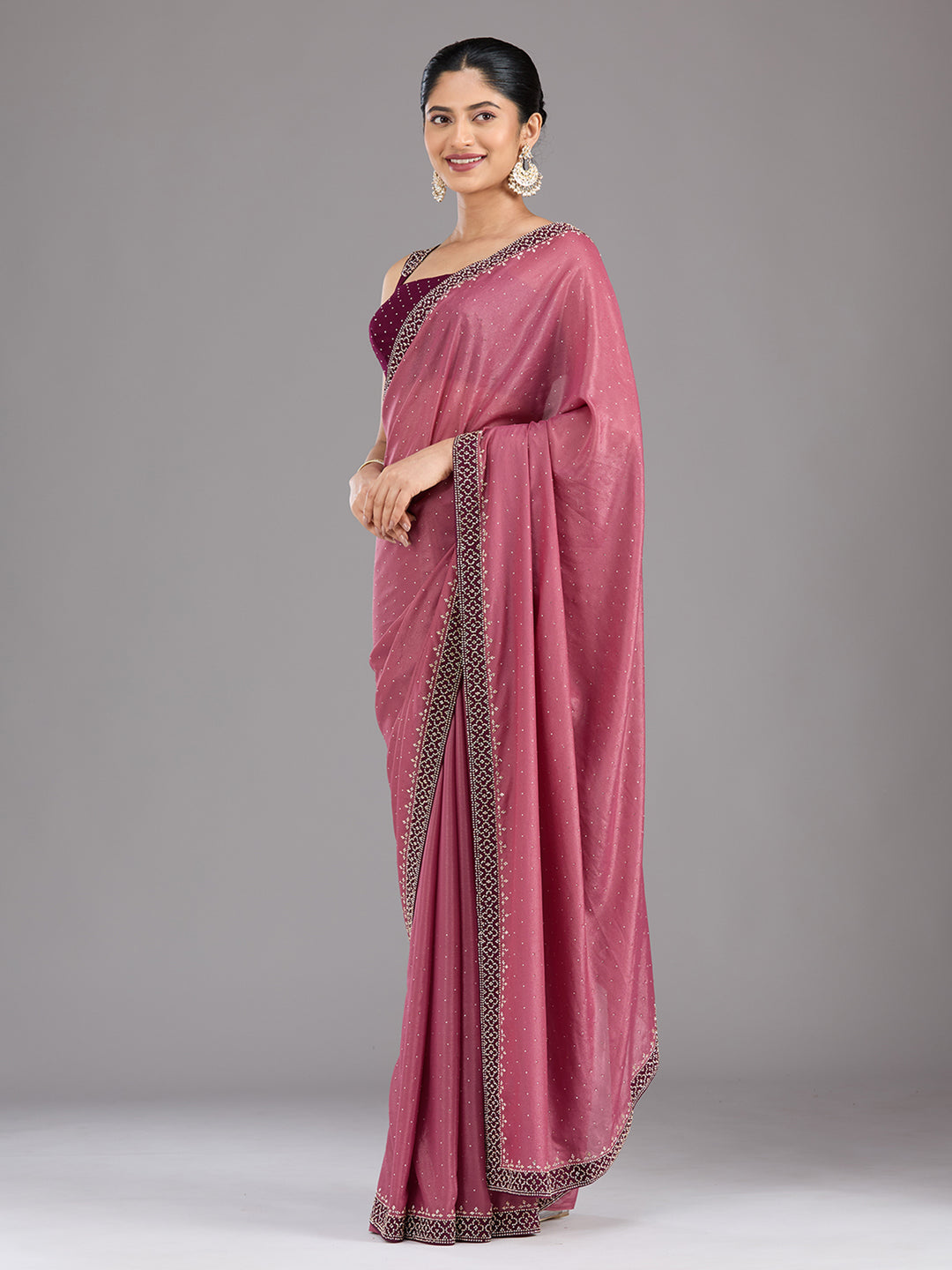 Onion Pink Velvet Gold Stonework Saree With Matching Blouse Piece