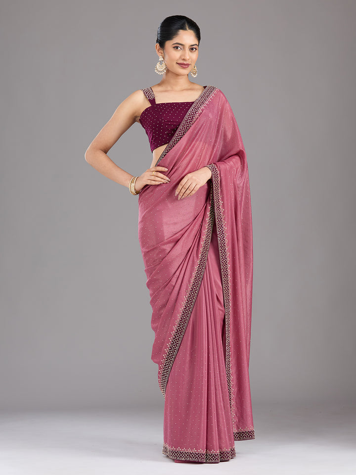 Onion Pink Velvet Gold Stonework Saree With Matching Blouse Piece
