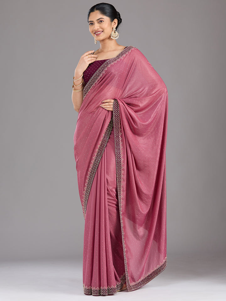 Onion Pink Velvet Gold Stonework Saree With Matching Blouse Piece
