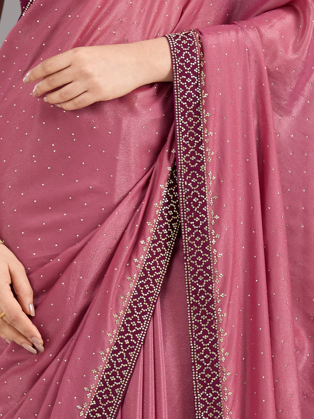 Onion Pink Velvet Gold Stonework Saree With Matching Blouse Piece