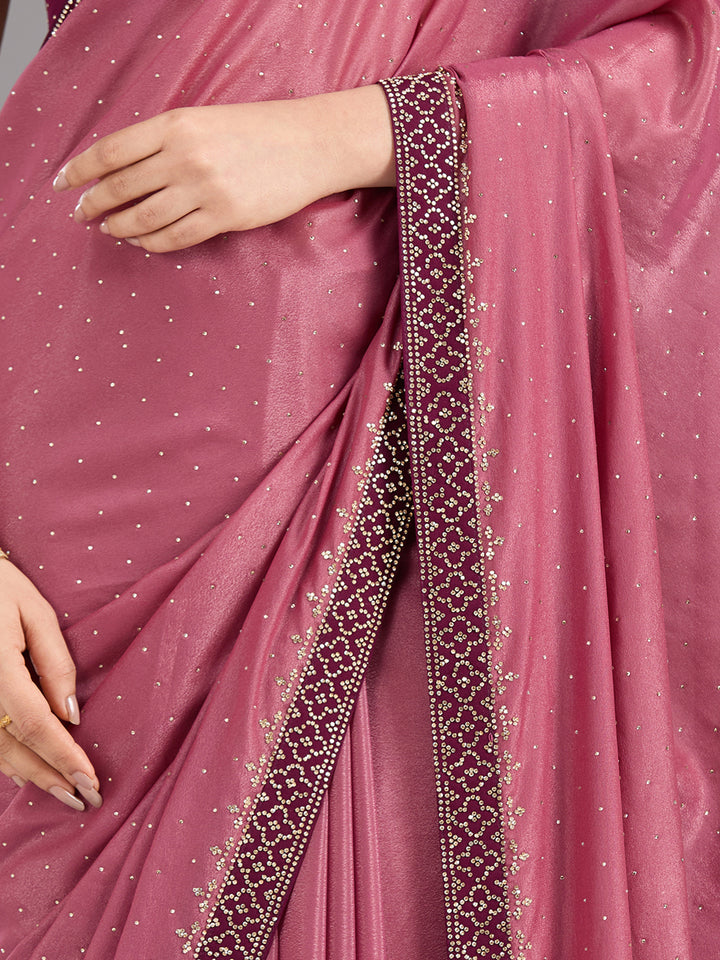 Onion Pink Velvet Gold Stonework Saree With Matching Blouse Piece