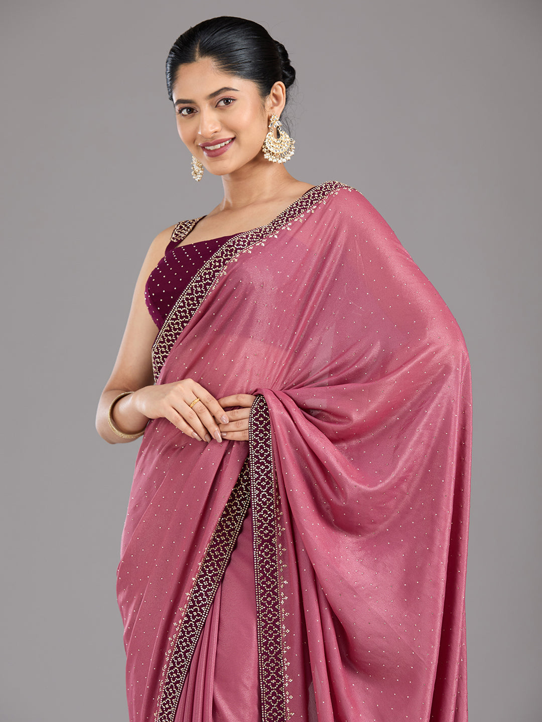 Onion Pink Velvet Gold Stonework Saree With Matching Blouse Piece
