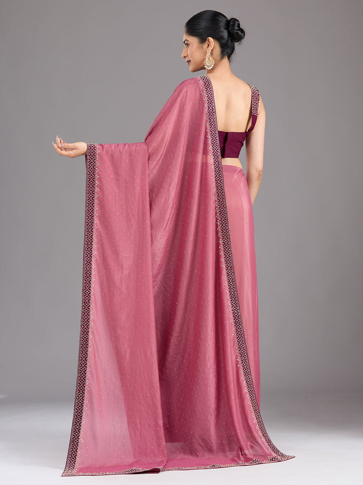 Onion Pink Velvet Gold Stonework Saree With Matching Blouse Piece