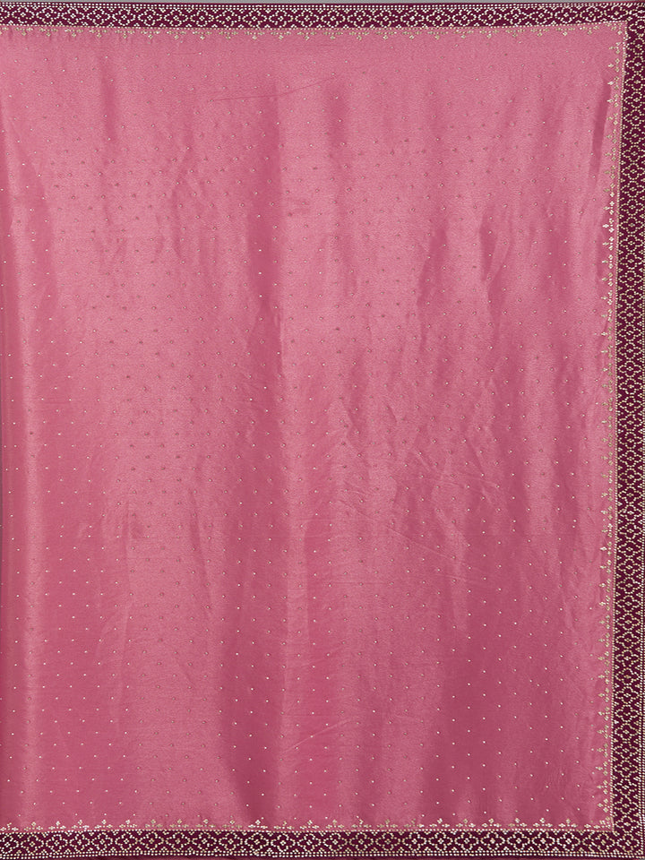 Onion Pink Velvet Gold Stonework Saree With Matching Blouse Piece