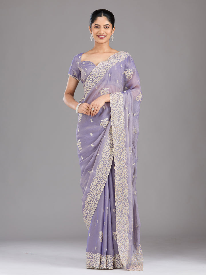 Lavender Tissue Silver Zariwork Saree With Matching Blouse Piece