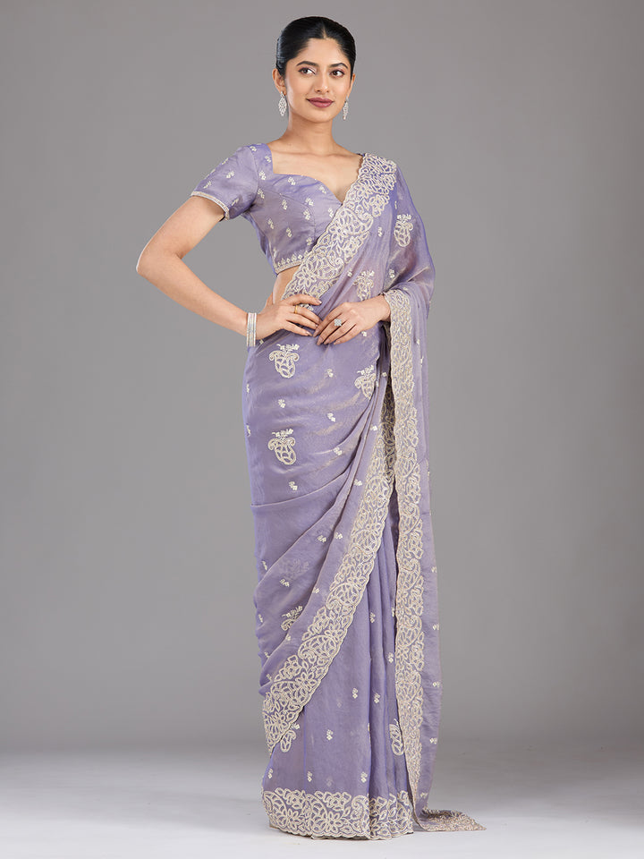 Lavender Tissue Silver Zariwork Saree With Matching Blouse Piece