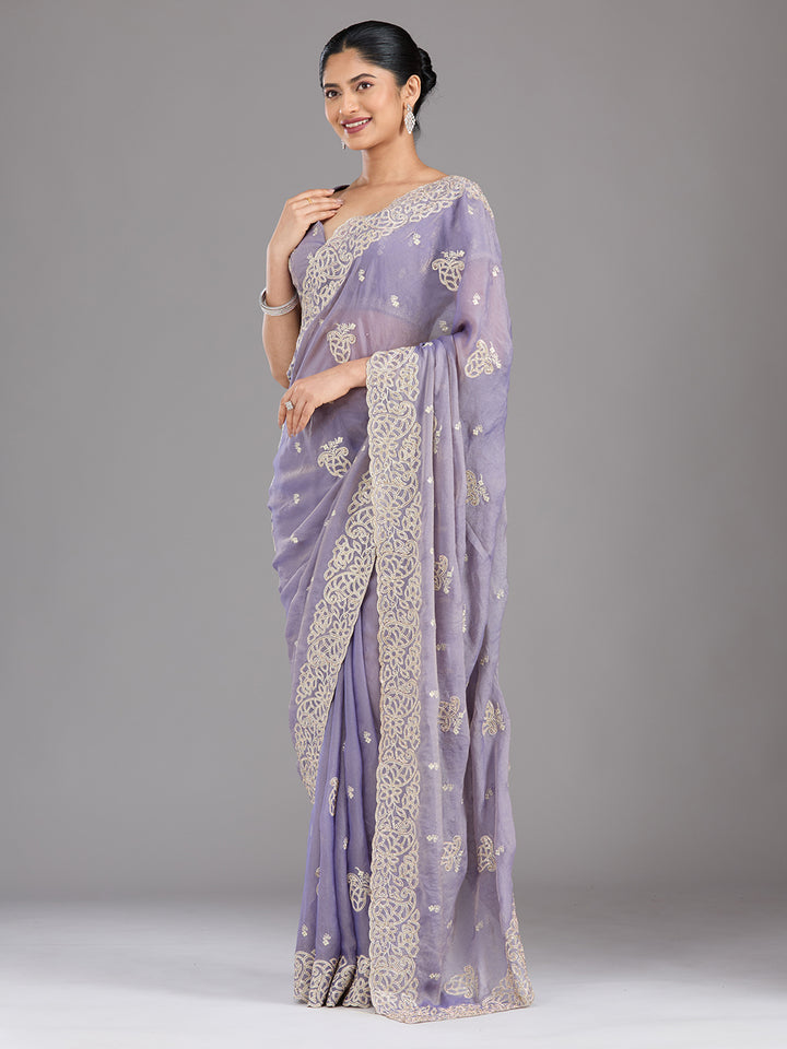 Lavender Tissue Silver Zariwork Saree With Matching Blouse Piece