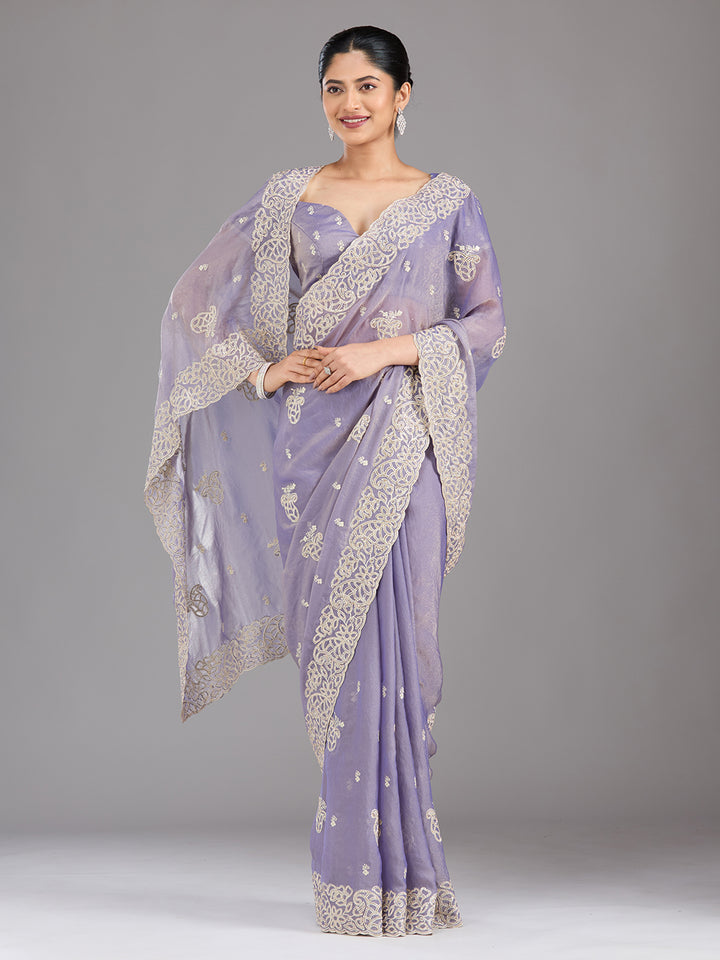 Lavender Tissue Silver Zariwork Saree With Matching Blouse Piece