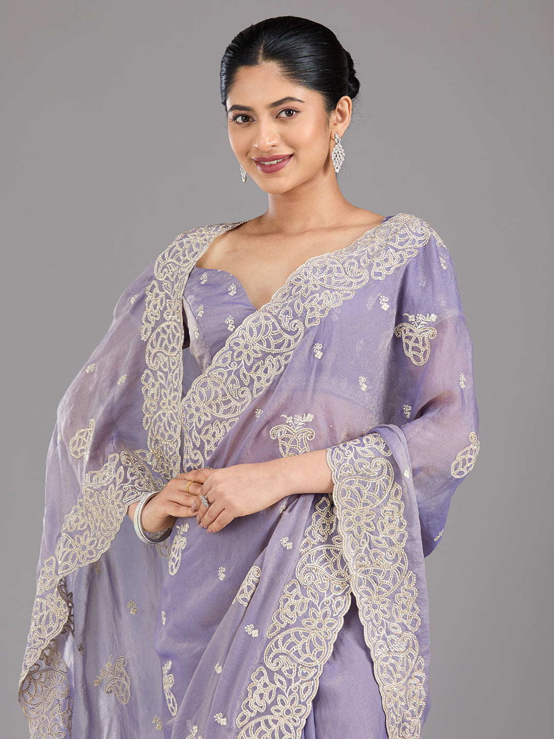 Lavender Tissue Silver Zariwork Saree With Matching Blouse Piece