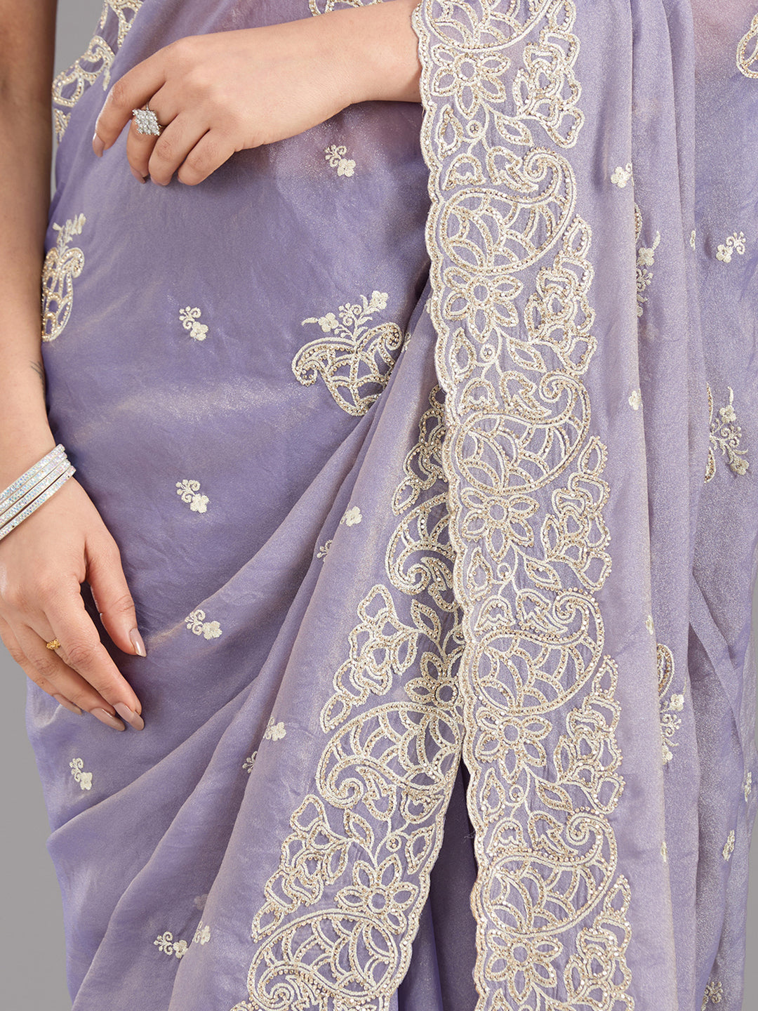 Lavender Tissue Silver Zariwork Saree With Matching Blouse Piece