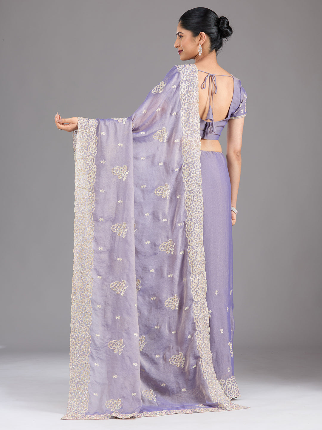Lavender Tissue Silver Zariwork Saree With Matching Blouse Piece