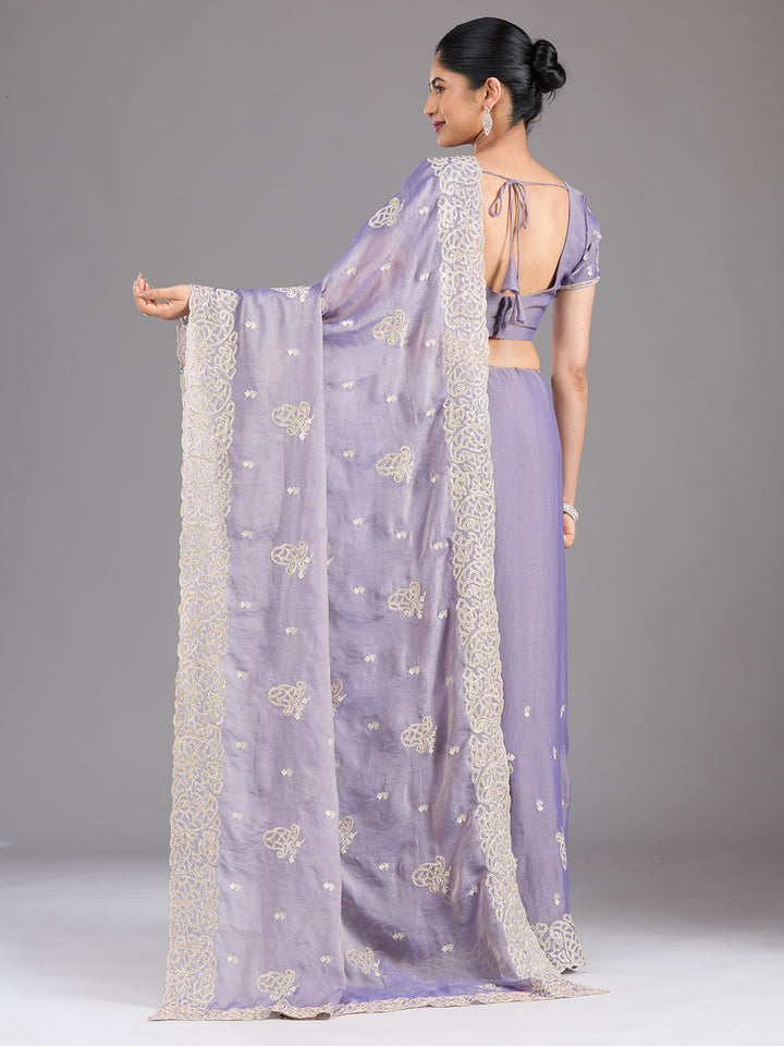 Lavender Tissue Silver Zariwork Saree With Matching Blouse Piece