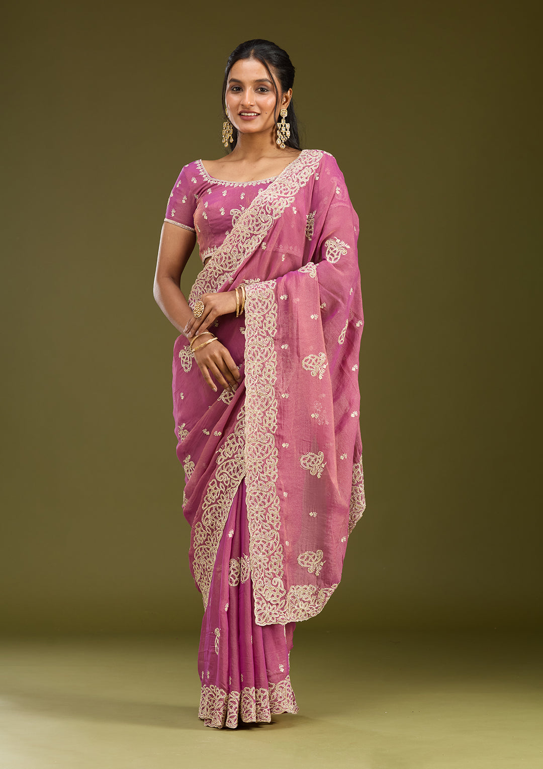 Onion Pink Tissue Silver Zariwork Saree With Matching Blouse Piece
