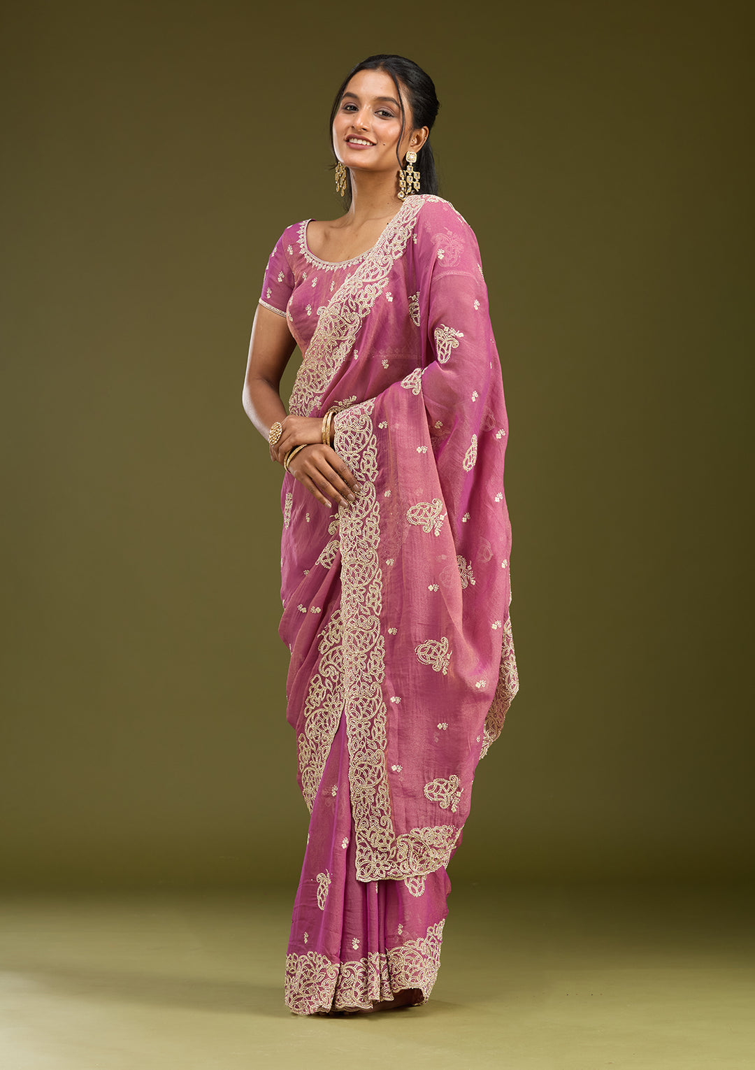 Onion Pink Tissue Silver Zariwork Saree With Matching Blouse Piece