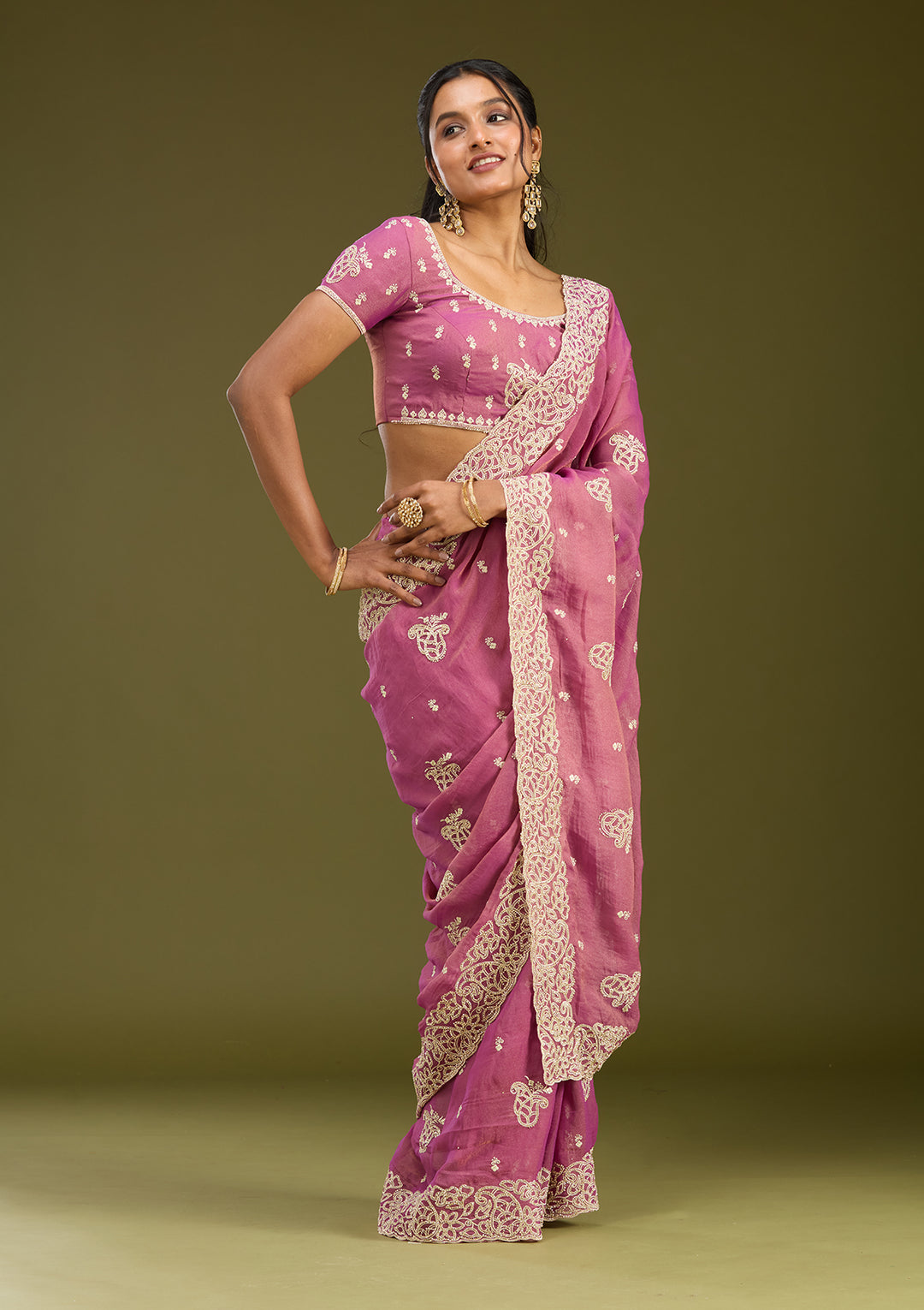 Onion Pink Tissue Silver Zariwork Saree With Matching Blouse Piece