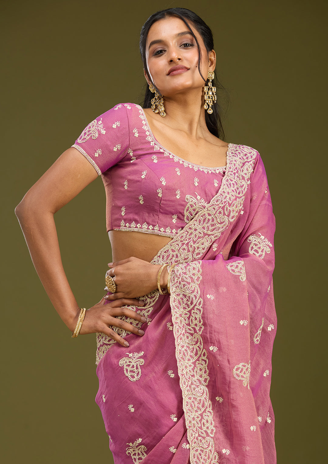 Onion Pink Tissue Silver Zariwork Saree With Matching Blouse Piece