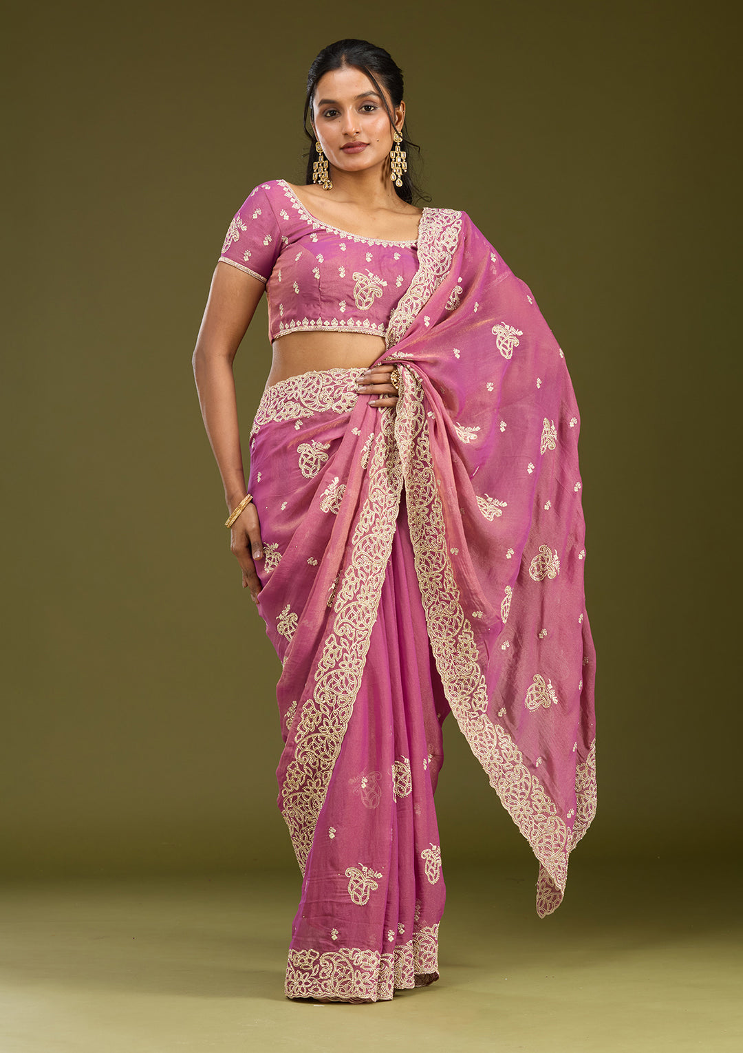 Onion Pink Tissue Silver Zariwork Saree With Matching Blouse Piece